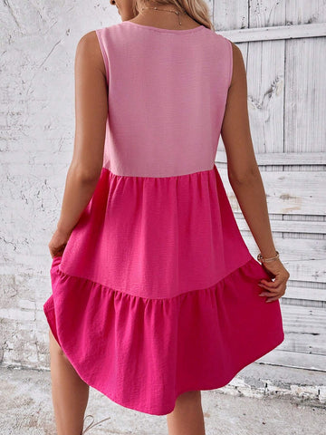 Women's Leisure 35+ Elegant Style Vacation Cake Dress, Layered Contrasting Color Sleeveless Vest