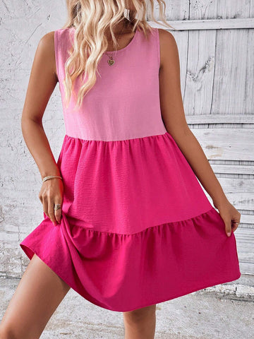 Women's Leisure 35+ Elegant Style Vacation Cake Dress, Layered Contrasting Color Sleeveless Vest