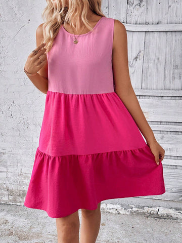 Women's Leisure 35+ Elegant Style Vacation Cake Dress, Layered Contrasting Color Sleeveless Vest