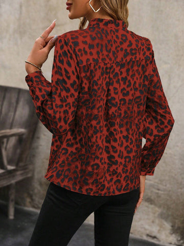 LUNE Women's Leopard Print Button-Up Casual Long Sleeve Shirt