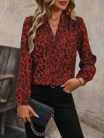 LUNE Women's Leopard Print Button-Up Casual Long Sleeve Shirt