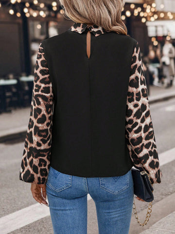 LUNE Women's Leopard Print Contrast Color Block Lapel Casual Work Elegant Blouse,