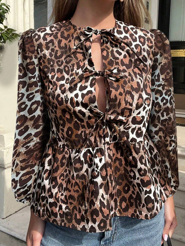 LUNE Women's Leopard Print Front Tie Lantern Sleeve Casual Shirt With Ruffle Hem, Spring/Summer