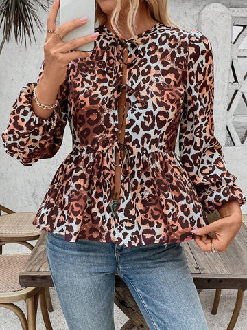 LUNE Women's Leopard Print Front Tie Lantern Sleeve Casual Shirt With Ruffle Hem, Spring/Summer