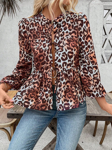 LUNE Women's Leopard Print Front Tie Lantern Sleeve Casual Shirt With Ruffle Hem, Spring/Summer