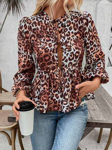 LUNE Women's Leopard Print Front Tie Lantern Sleeve Casual Shirt With Ruffle Hem, Spring/Summer