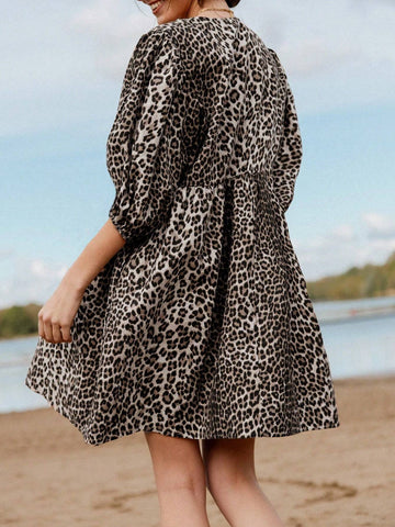 Women's Leopard Print Front Tied Short Puff Sleeve Loose Dress, Summer