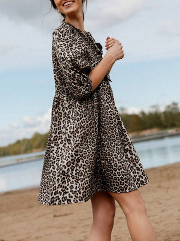 Women's Leopard Print Front Tied Short Puff Sleeve Loose Dress, Summer