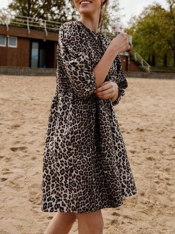 Women's Leopard Print Front Tied Short Puff Sleeve Loose Dress, Summer