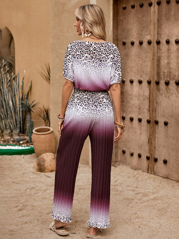 Women's Leopard Print Ombre Color Pleated Two Piece Set