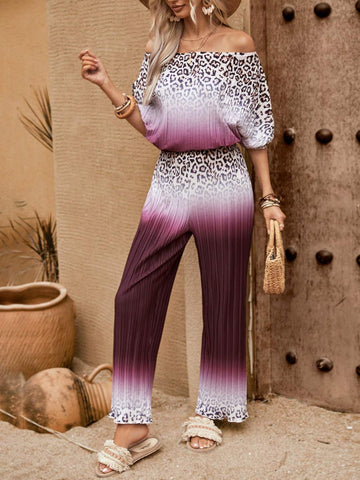 Women's Leopard Print Ombre Color Pleated Two Piece Set