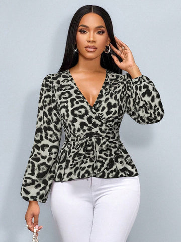 LUNE Women's Leopard Print Overlap V-Neck Lantern Sleeve Shirt