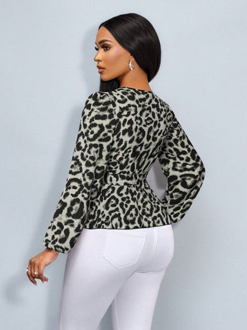 LUNE Women's Leopard Print Overlap V-Neck Lantern Sleeve Shirt