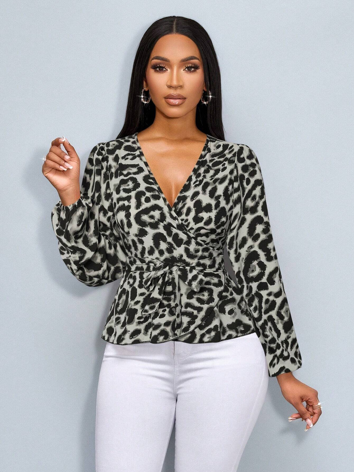 LUNE Women's Leopard Print Overlap V-Neck Lantern Sleeve Shirt