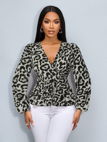 LUNE Women's Leopard Print Overlap V-Neck Lantern Sleeve Shirt