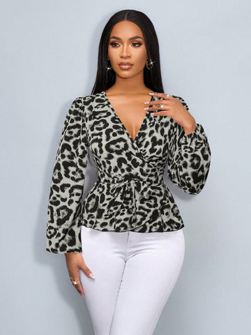 LUNE Women's Leopard Print Overlap V-Neck Lantern Sleeve Shirt