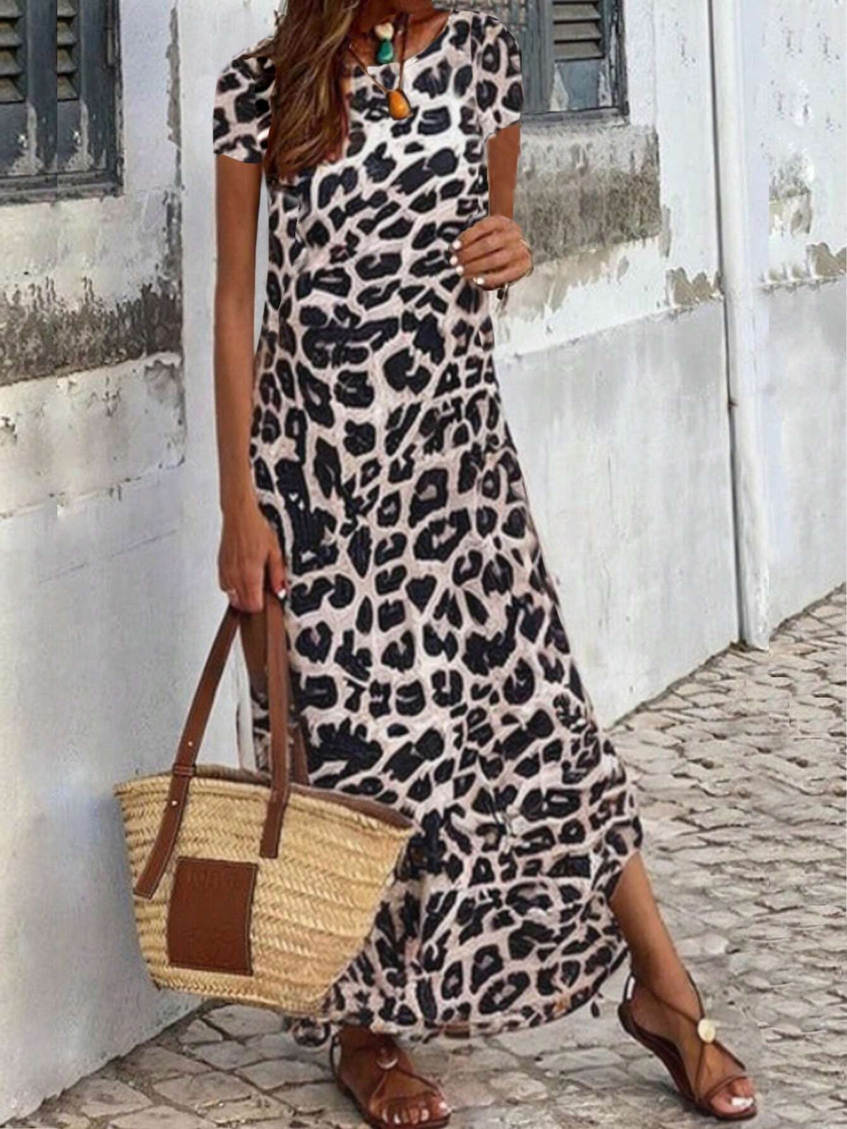 Women's Leopard Print Short Sleeve Round Neck Dress