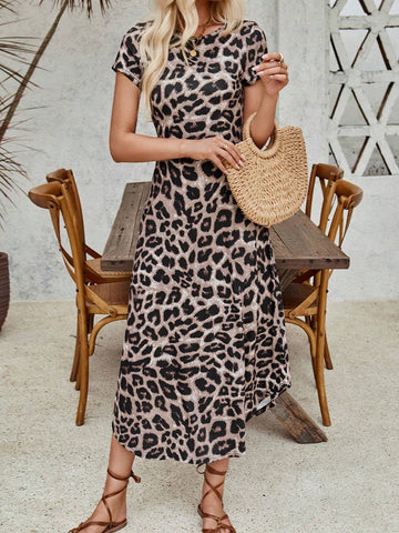 Women's Leopard Print Short Sleeve Round Neck Dress