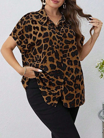 LUNE Women's Leopard Print Tie-Front Short Sleeve Shirt