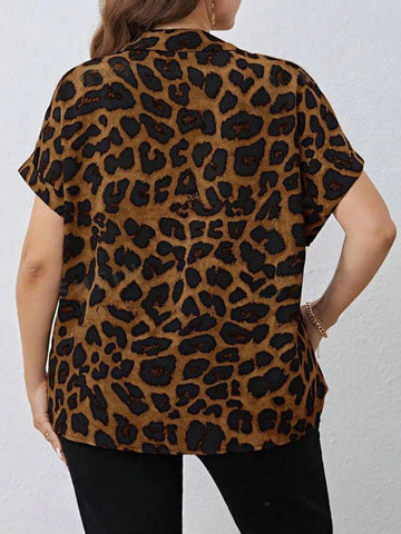 LUNE Women's Leopard Print Tie-Front Short Sleeve Shirt