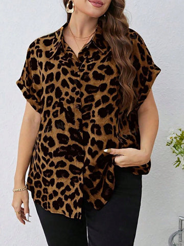LUNE Women's Leopard Print Tie-Front Short Sleeve Shirt