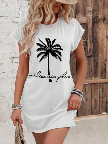 Women's Letter & Palm Tree Print Batwing Sleeve Dress