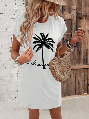 Women's Letter & Palm Tree Print Batwing Sleeve Dress