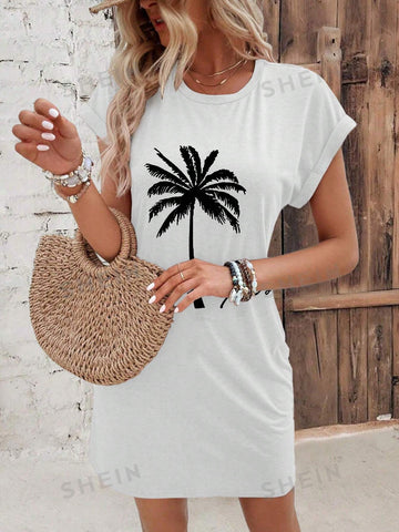 Women's Letter & Palm Tree Print Batwing Sleeve Dress
