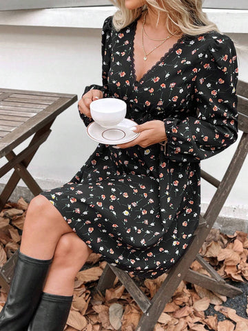 Women's Liberty Print V-Neck Long Sleeve Casual Tunic Dress, Suitable For Teachers Or Holiday,