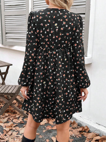 Women's Liberty Print V-Neck Long Sleeve Casual Tunic Dress, Suitable For Teachers Or Holiday,