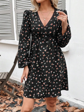 Women's Liberty Print V-Neck Long Sleeve Casual Tunic Dress, Suitable For Teachers Or Holiday,