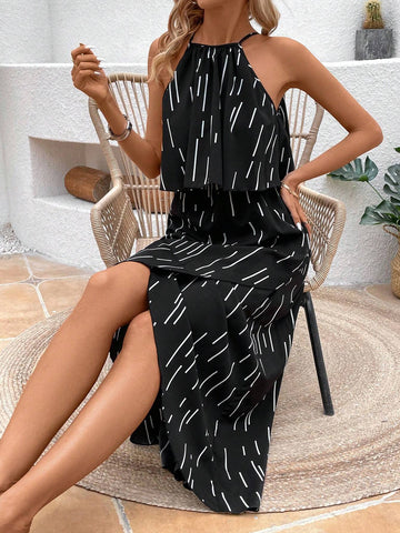 Women's Line Print Halter Neck Side Split Maxi Dress
