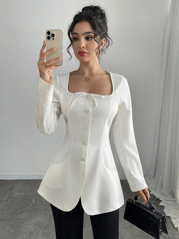 LUNE Women's Long Sleeve Cinched Waist Bow Sexy Blouse Collared Shirt