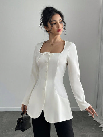 LUNE Women's Long Sleeve Cinched Waist Bow Sexy Blouse Collared Shirt