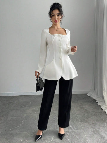 LUNE Women's Long Sleeve Cinched Waist Bow Sexy Blouse Collared Shirt