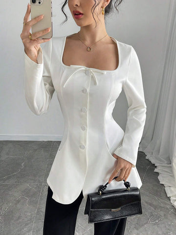 LUNE Women's Long Sleeve Cinched Waist Bow Sexy Blouse Collared Shirt