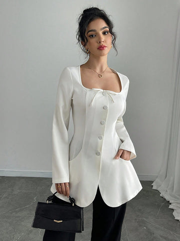 LUNE Women's Long Sleeve Cinched Waist Bow Sexy Blouse Collared Shirt