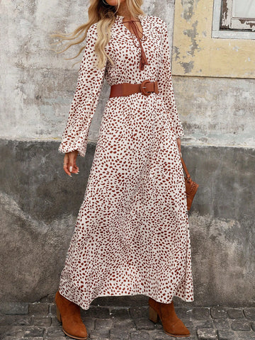 Women's Long Sleeve Elastic Cuff Loose Dress With Drawstring Collar
