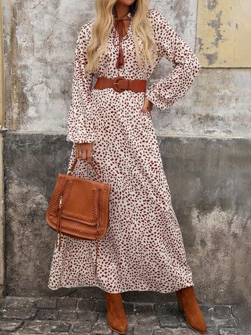 Women's Long Sleeve Elastic Cuff Loose Dress With Drawstring Collar