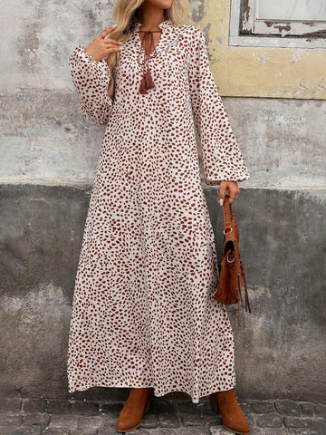 Women's Long Sleeve Elastic Cuff Loose Dress With Drawstring Collar