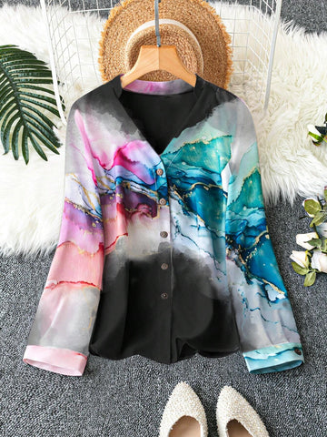 LUNE Women's Long Sleeve Open Hem Tie-Dyed Blouse, Spring/Summer