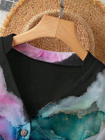 LUNE Women's Long Sleeve Open Hem Tie-Dyed Blouse, Spring/Summer