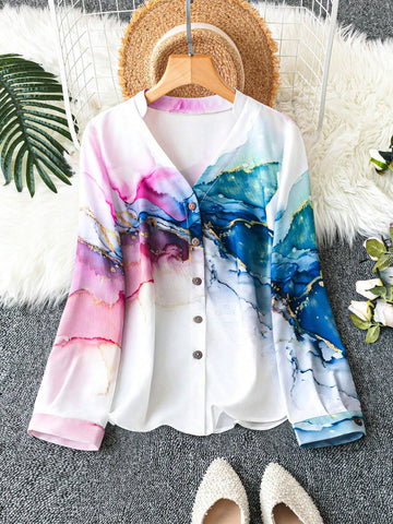 LUNE Women's Long Sleeve Tie-Dye White Cardigan Shirt, Spring & Summer