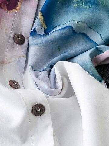 LUNE Women's Long Sleeve Tie-Dye White Cardigan Shirt, Spring & Summer