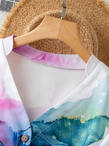 LUNE Women's Long Sleeve Tie-Dye White Cardigan Shirt, Spring & Summer