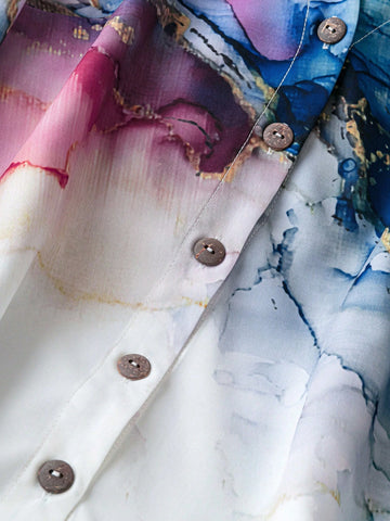 LUNE Women's Long Sleeve Tie-Dye White Cardigan Shirt, Spring & Summer