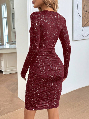 Women's Long Sleeve V-Neck Sequin Midi Dress For Fall Halloween Family Gatherings