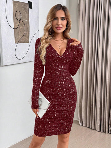 Women's Long Sleeve V-Neck Sequin Midi Dress For Fall Halloween Family Gatherings