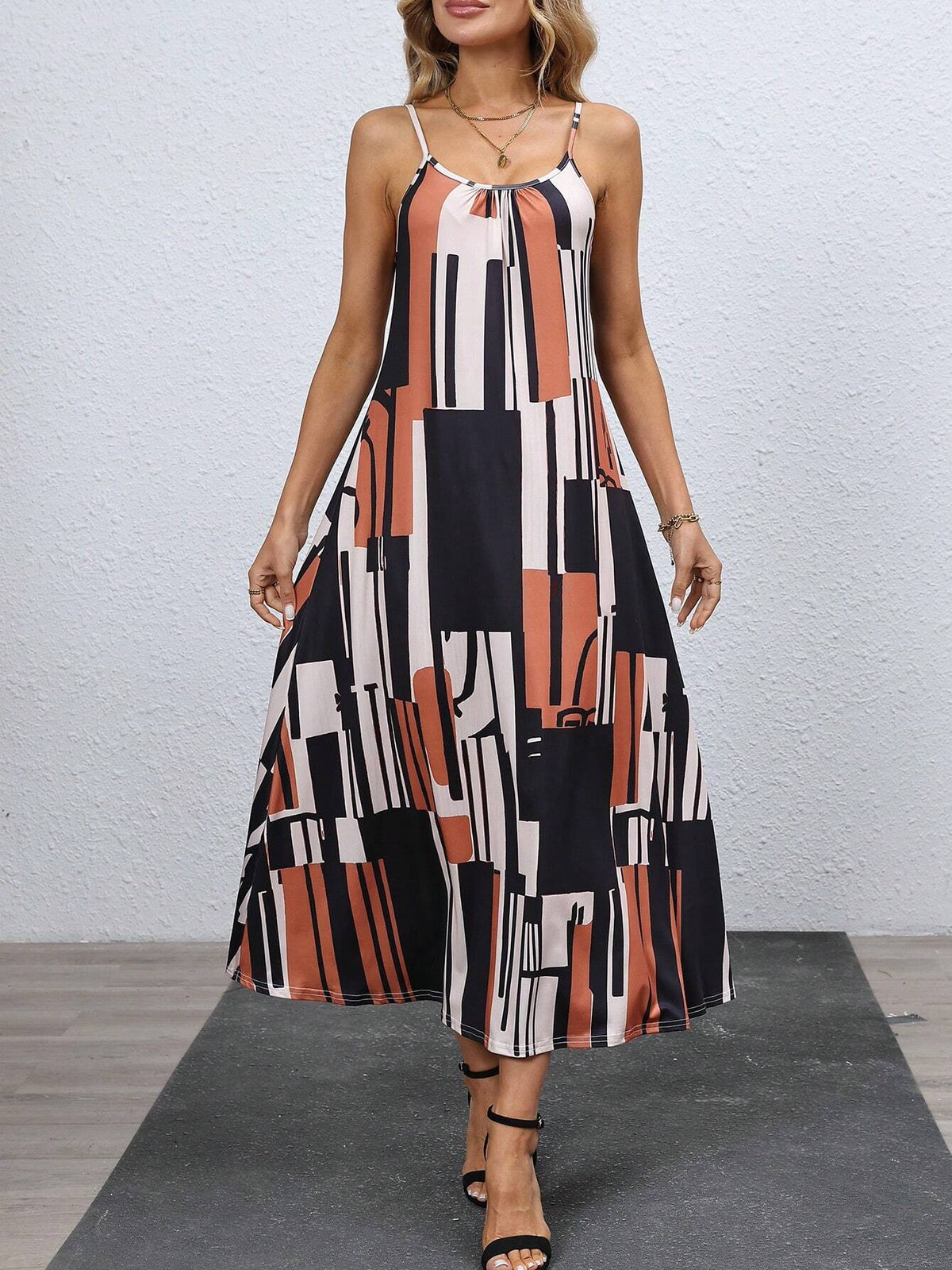Women's Loose Casual Geometric Print Strap Dress For Holiday