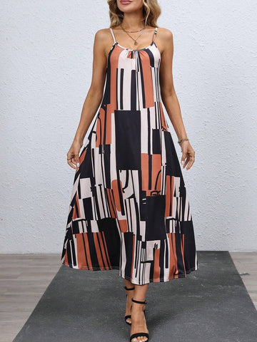 Women's Loose Casual Geometric Print Strap Dress For Holiday